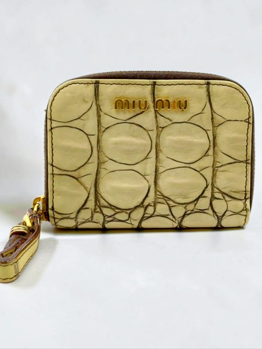 Miu Miu Cream Croc-Effect Leather Coin Purse Zippy Wallet with Gold Logo